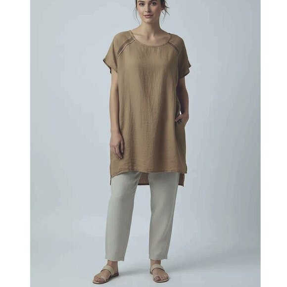 Bellambra Tops - Bellambra Women's Sand Color 100% Pure Linen Short Sleeve Blouse Size Large NWT